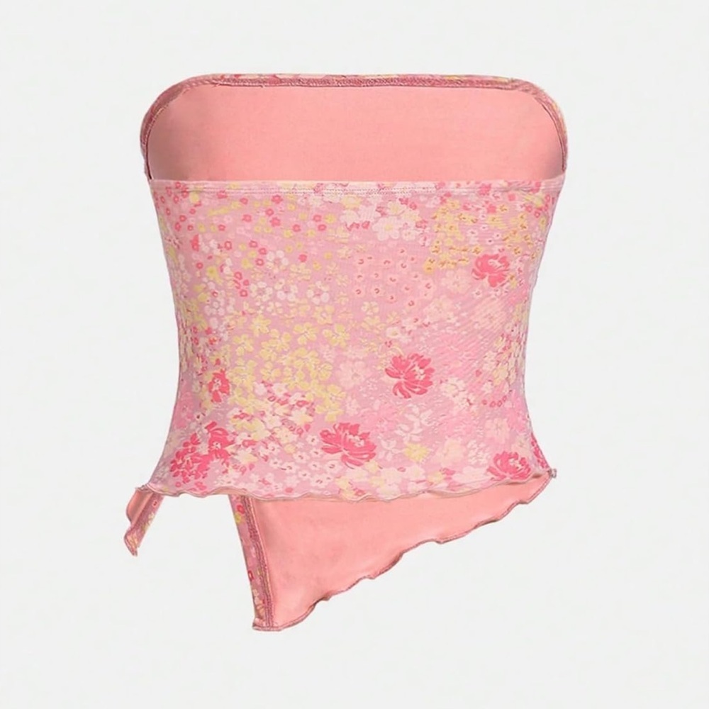Y2K Tube Top SHEIN Pink Floral Strapless Tube Top Frills Slit Size L - Picture 2 of 5